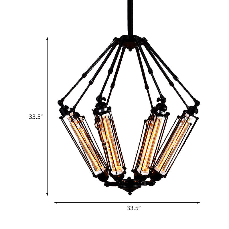 Industrial Metal Pendant Ceiling Lamp - 4-Light Tube Cage Chandelier Fixture in Black