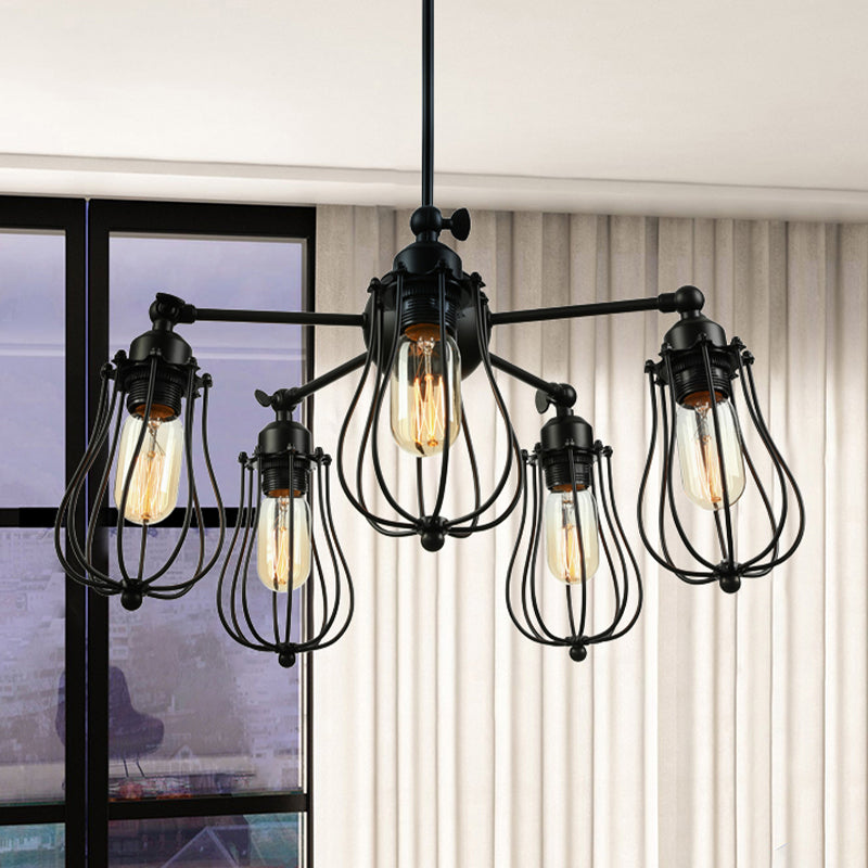18"/25.5" W 5-Light Farmhouse Wire Cage Chandelier in Black - Ceiling Light Fixture