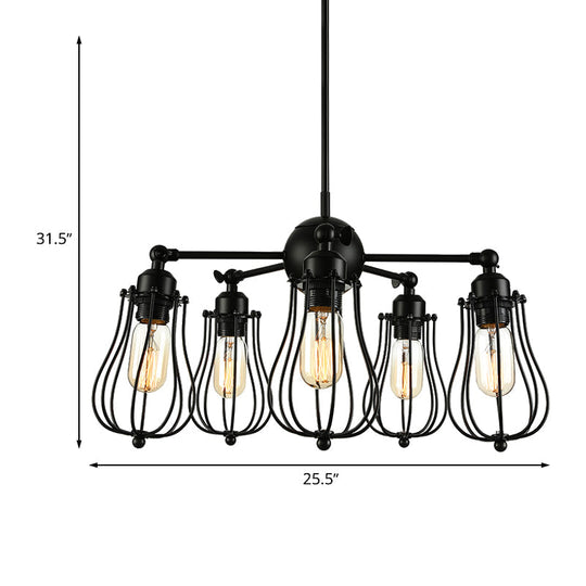 Farmhouse Wire Cage Iron Chandelier - 18/25.5 W 5-Light Ceiling Light Fixture In Black With Bulb
