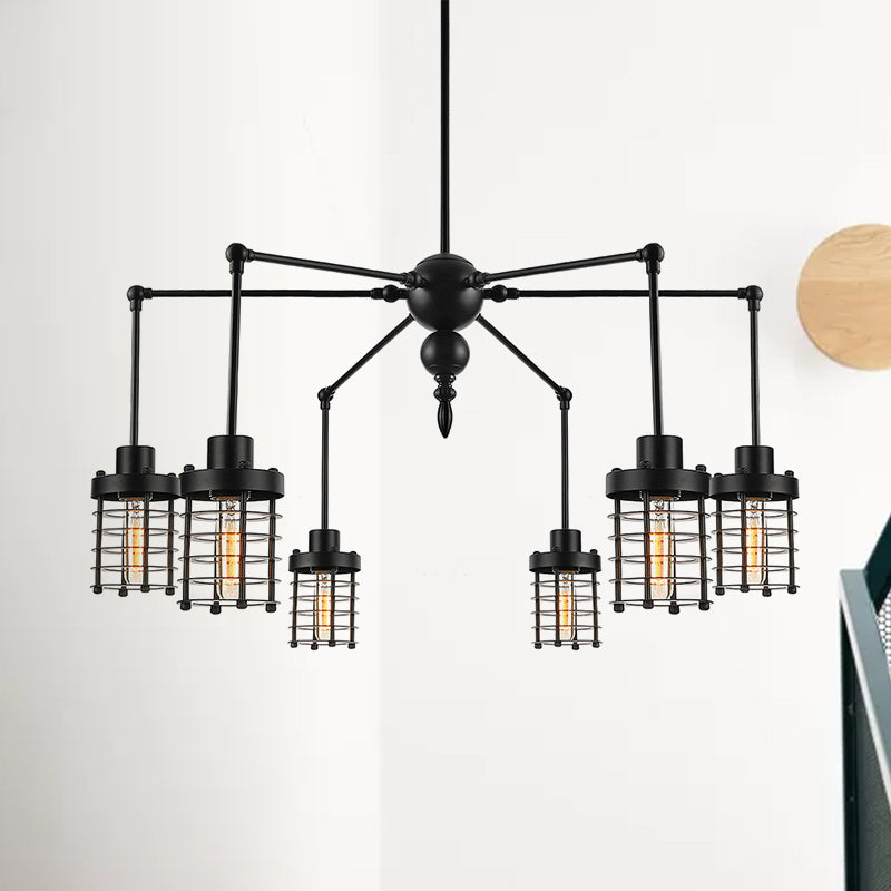 Spider Iron Pendant Light: Adjustable Antique 6-Light Chandelier with Cage Shade in Black - Perfect for Living Room
