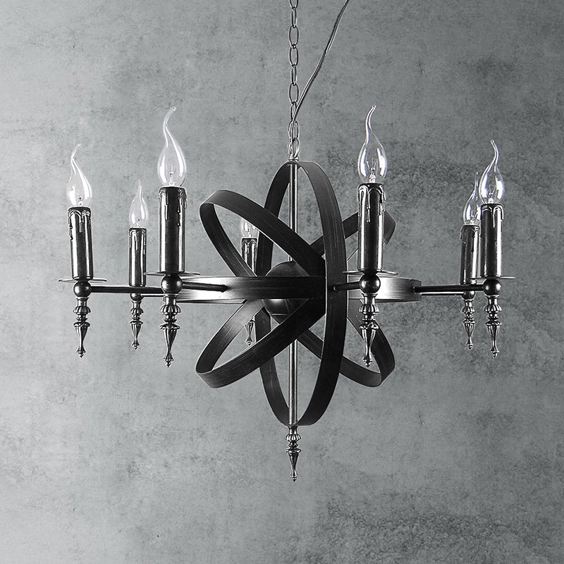 Vintage Style Metal Pendant Light with Candle Design - Orbit Cage Indoor Chandelier (6/8 Lights) in Black/Rust
