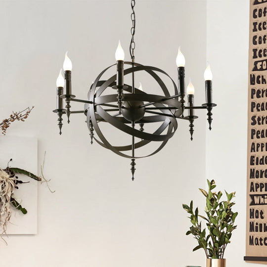 Vintage Style Metal Pendant Light with Candle Design - Orbit Cage Indoor Chandelier (6/8 Lights) in Black/Rust