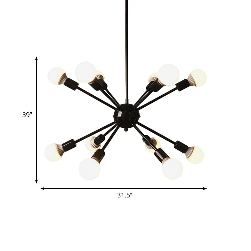 Industrial Black Starburst Chandelier Lighting - 12 Bulbs, Adjustable Cord - Ideal for Restaurants