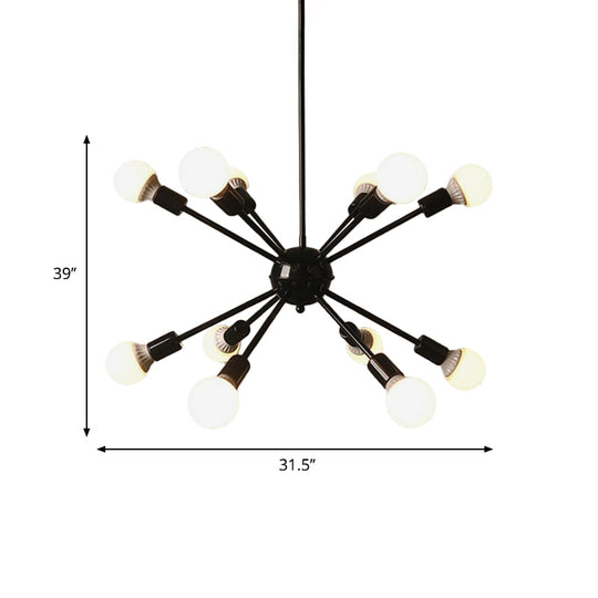 Industrial Black Starburst Chandelier Lighting - 12 Bulb Ceiling Light For Restaurants With