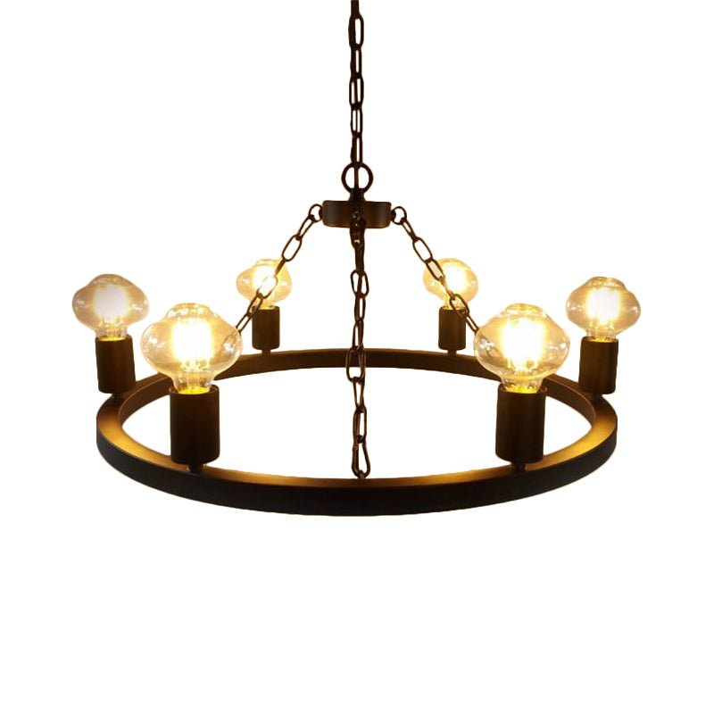 Farmhouse 6-Bulb Ring Chandelier Lamp in Black - Exposed Bulb Metallic Ceiling Lighting for Living Room
