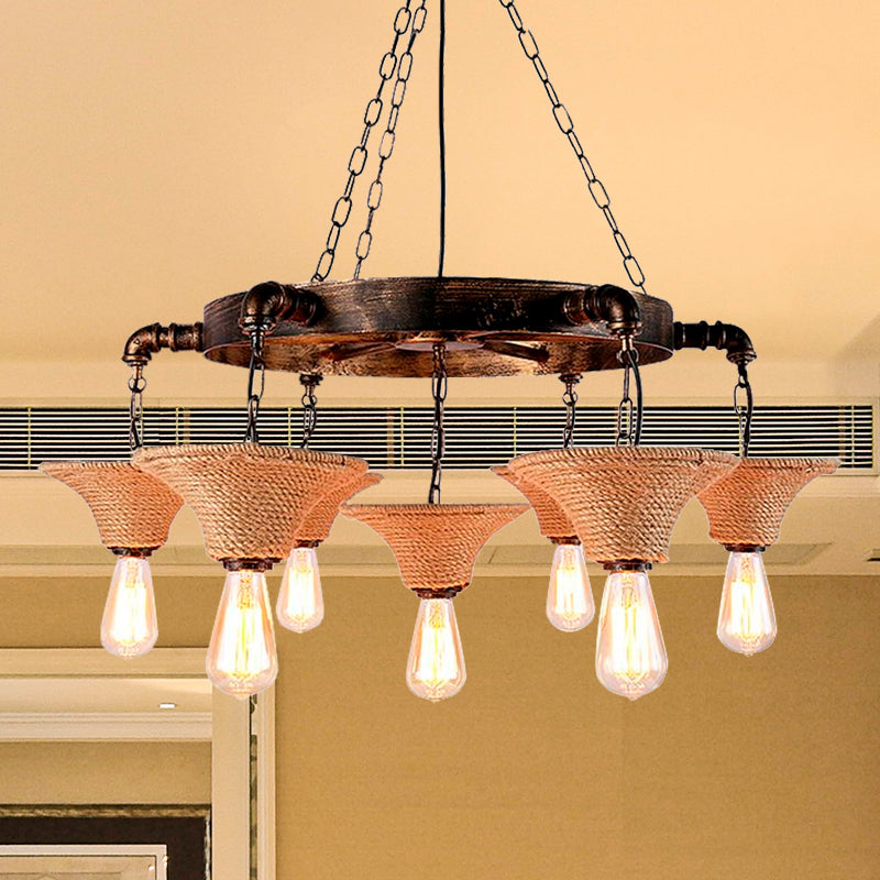 Country Style Beige Rope Chandelier With Flared Shade Multi Light Hanging Lamp For Living Room