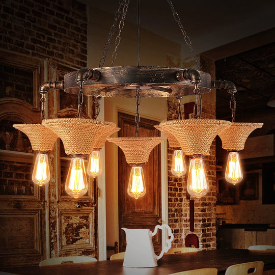 Country Style Beige Rope Chandelier With Flared Shade Multi Light Hanging Lamp For Living Room