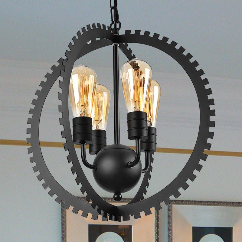 Rustic Industrial Circle Frame Chandelier Light Fixture w/ 4 Heads, Black/Rust Iron, Gear Design