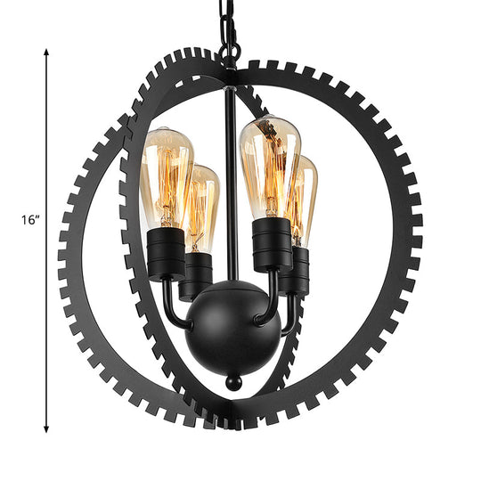 Rustic Industrial Circle Frame Chandelier Light Fixture w/ 4 Heads, Black/Rust Iron, Gear Design