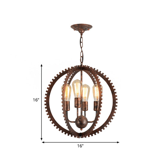 Rustic Industrial Circle Frame Chandelier With 4 Heads Gear Design Black/Rust Iron Ceiling Lighting