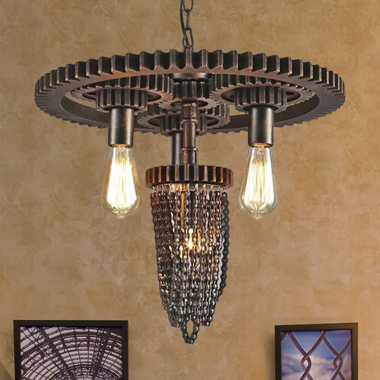 Vintage Gear Design Iron Chandelier Lamp With Exposed Bulb - Bronze
