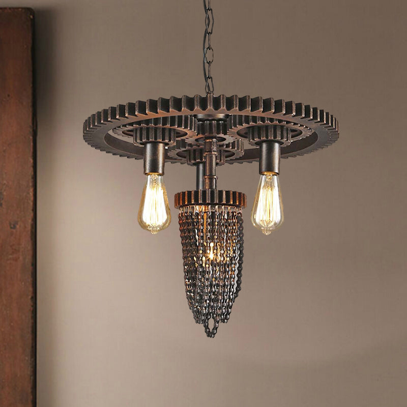 Vintage Gear Design Iron Pendant Light with Exposed Bulb - Bronze Chandelier Lamp
