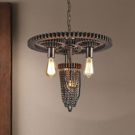 Vintage Gear Design Iron Chandelier Lamp With Exposed Bulb - Bronze