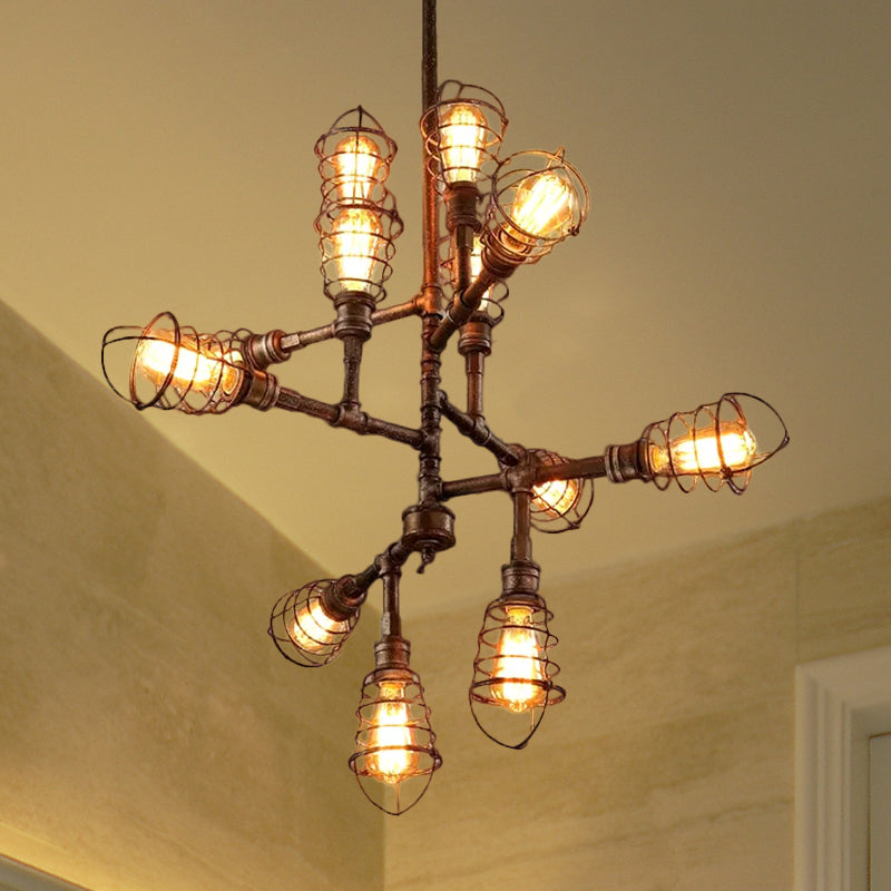Vintage Bronze Iron Cage Chandelier Lamp - 8/12 Heads, Stylish Wire Design, Perfect for Dining Room