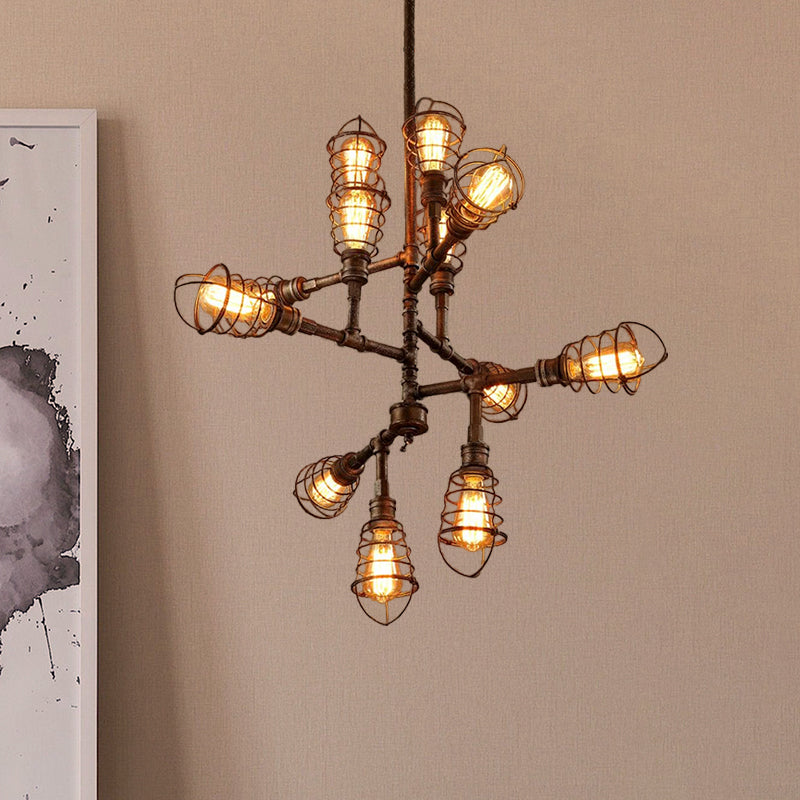 Vintage Bronze Iron Cage Chandelier Lamp - 8/12 Heads, Stylish Wire Design, Perfect for Dining Room