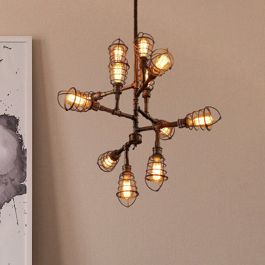 Vintage Bronze Iron Wire Cage Chandelier Lamp With Pipe Design - 8/12 Heads Stylish Hanging Light