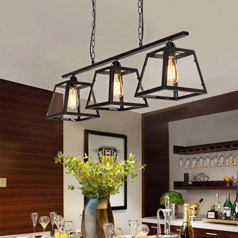 Black Pyramid Island Light: Industrial Metal 3-Bulb Hanging Lamp With Glass Panel - Kitchen Fixture