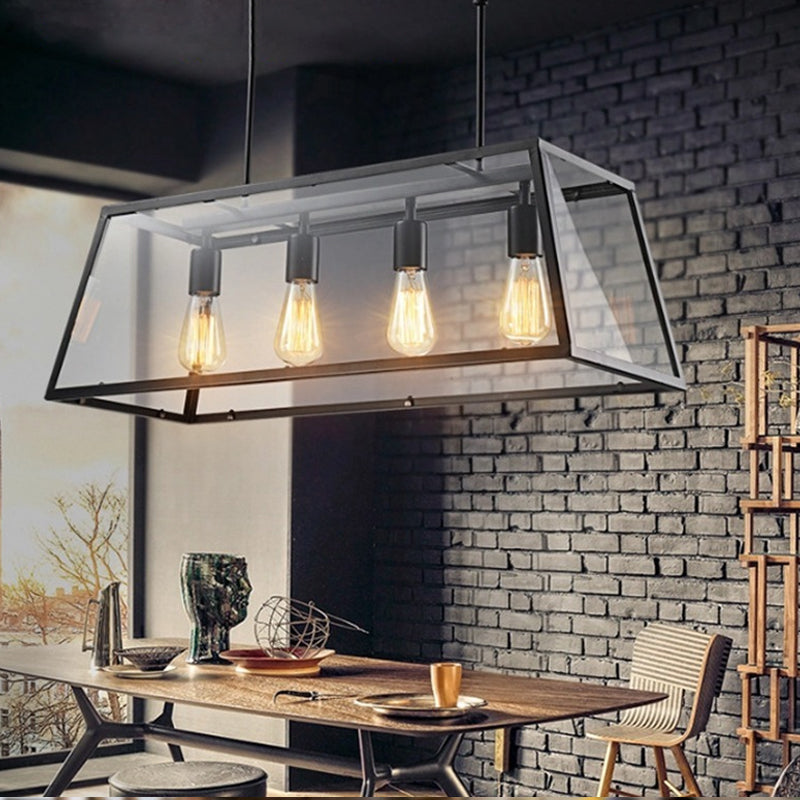 Industrial Trapezoid 4-Light Island Lamp In Black With Clear Glass And Chain/Downrods / Downrods