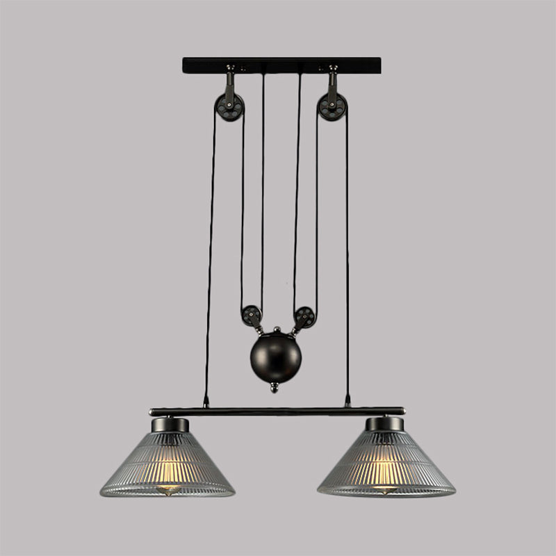Adjustable Pulley Industrial Cone Pendant With Prismatic Glass - Black 2/3-Light Island Lamp