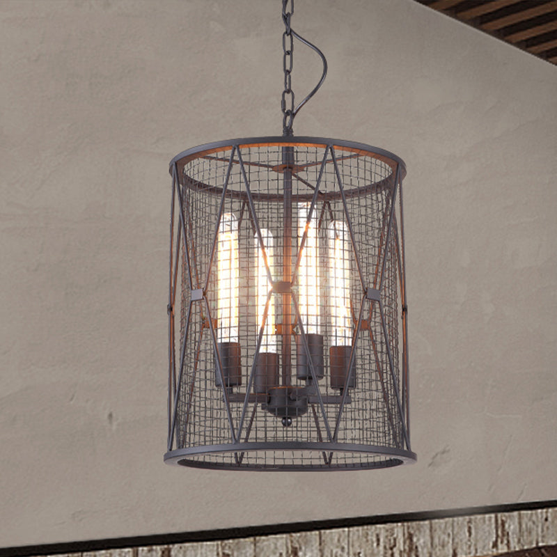 Farmhouse Pendant Light with Mesh Cylinder Metal Shade and 4 Bulbs - Black