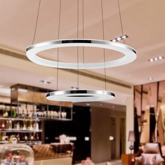 Contemporary Led Acrylic Round Ceiling Pendant Chandelier - 1/2/3-Head Silver Warm/White Light /