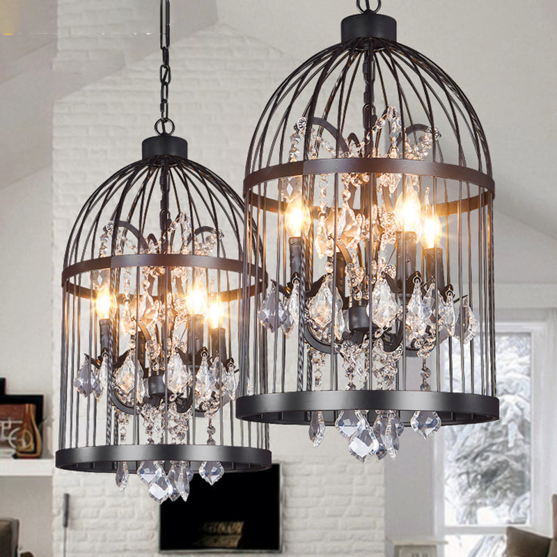 Vintage Style 4-Head Birdcage Chandelier in Black/White/Rust Iron – Elegant Hanging Lamp with Candle and Crystal Deco for Living Room