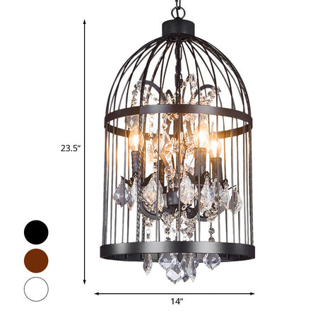 Vintage Style 4-Head Birdcage Chandelier: Black/White/Rust Iron Hanging Lamp With Candle & Crystal