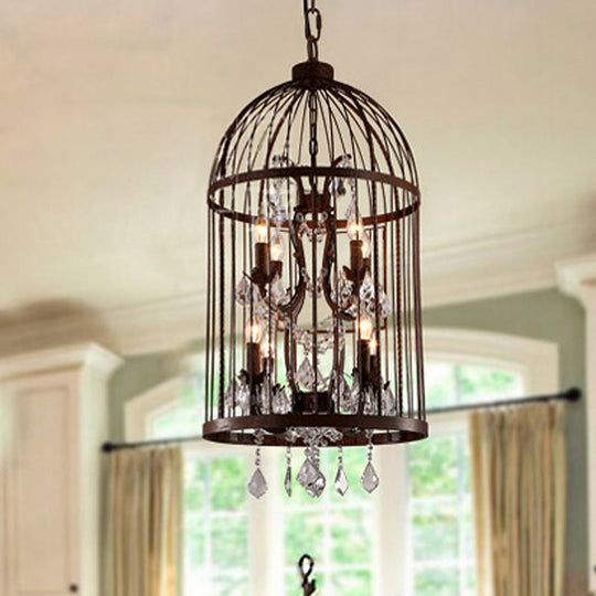 Vintage Style 4-Head Birdcage Chandelier: Black/White/Rust Iron Hanging Lamp With Candle & Crystal