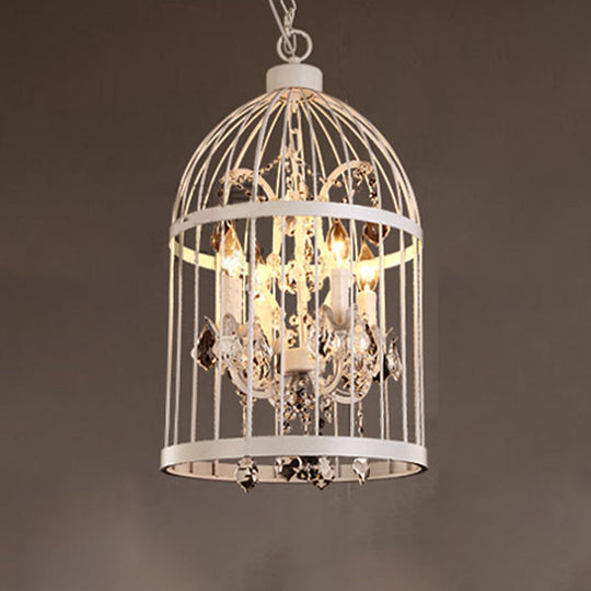 Vintage Style 4-Head Birdcage Chandelier: Black/White/Rust Iron Hanging Lamp With Candle & Crystal
