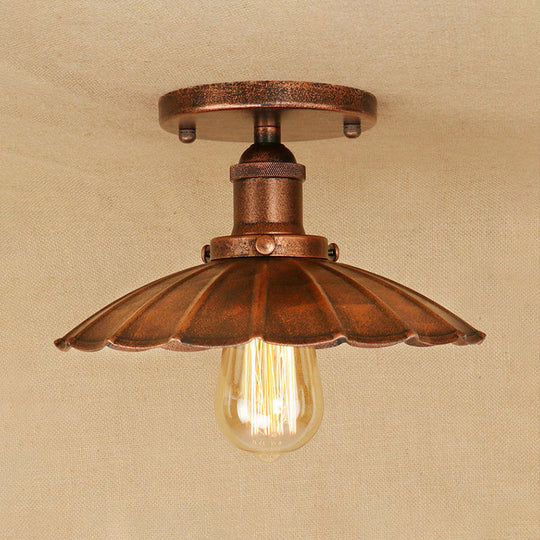 Antique-Style Scalloped Shade Semi Flush Mount Lighting - 1-Head Iron Fixture In Rust/Black For