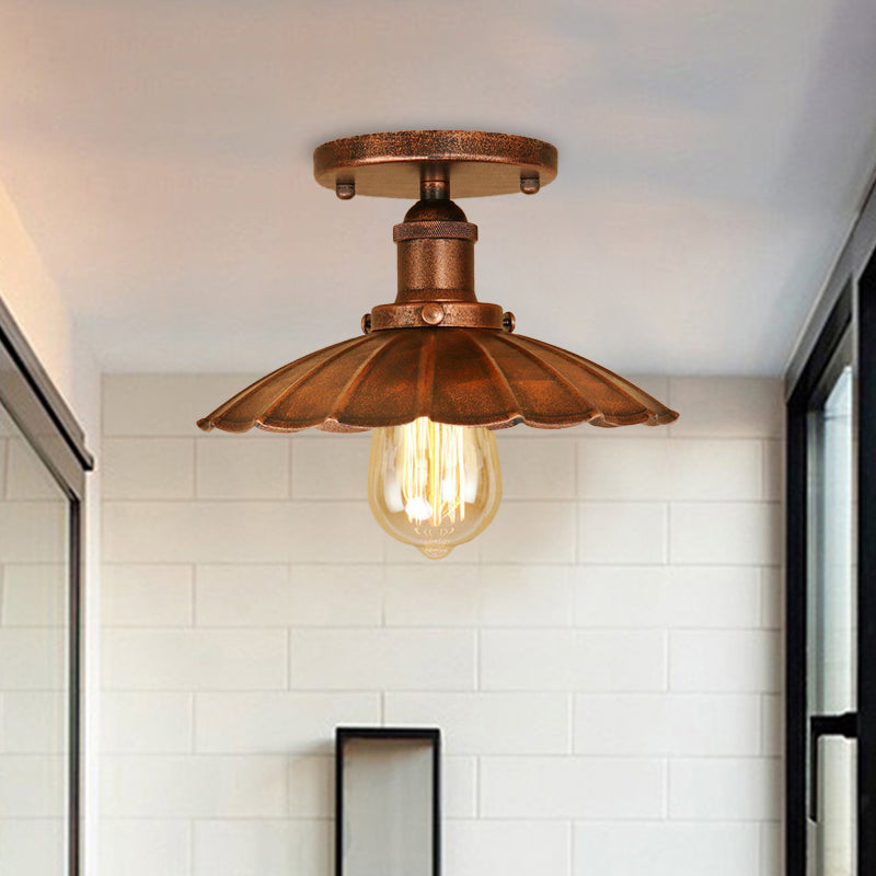 Antique Style 1-Head Iron Semi Flush Light With Rust/Black Scalloped Shade - Balcony Mount Lighting
