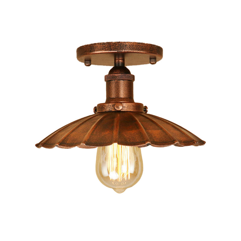 Antique-Style Scalloped Shade Semi Flush Mount Lighting - 1-Head Iron Fixture In Rust/Black For