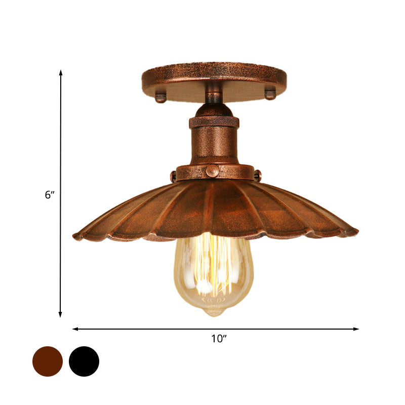 Antique-Style Scalloped Shade Semi Flush Mount Lighting - 1-Head Iron Fixture in Rust/Black for Balconies