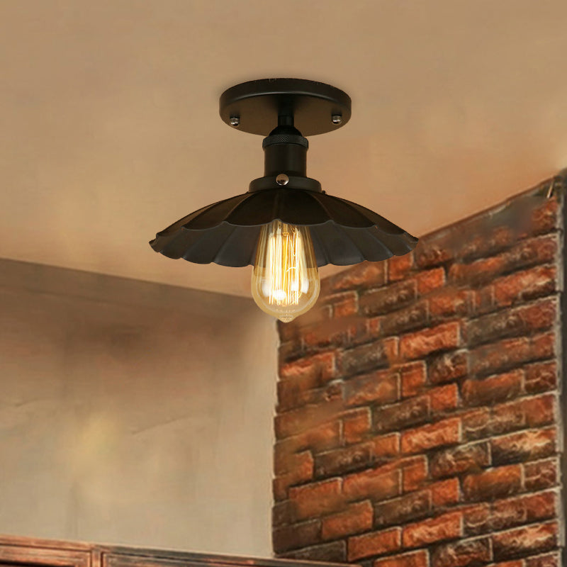 Antique Style 1-Head Iron Semi Flush Light With Rust/Black Scalloped Shade - Balcony Mount Lighting
