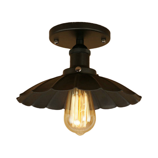Antique-Style Scalloped Shade Semi Flush Mount Lighting - 1-Head Iron Fixture in Rust/Black for Balconies