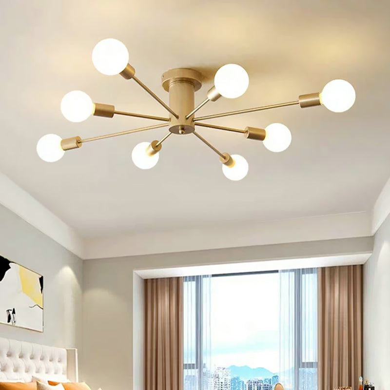 Semi Flush Mount Industrial Gold Metal Ceiling Light Fixture - Exposed Lights Ideal For Living Room