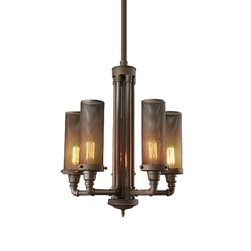 Farmhouse Style Pewter Iron Chandelier with Tube Hanging Lamp - 3/5/8 Lights, Cylinder Mesh Shade