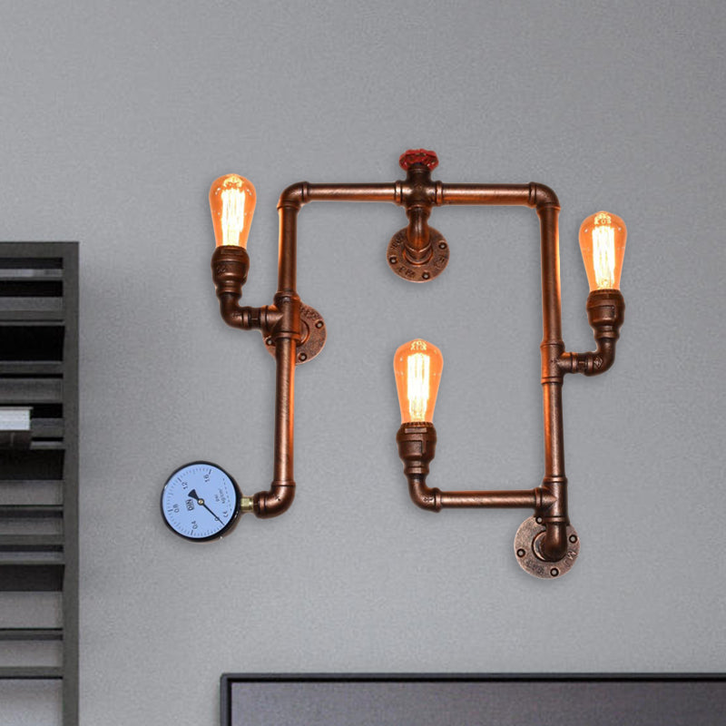 Industrial Copper Finish 3-Head Iron Sconce Light - Twisted Living Room Wall Mount Pipe Lamp With