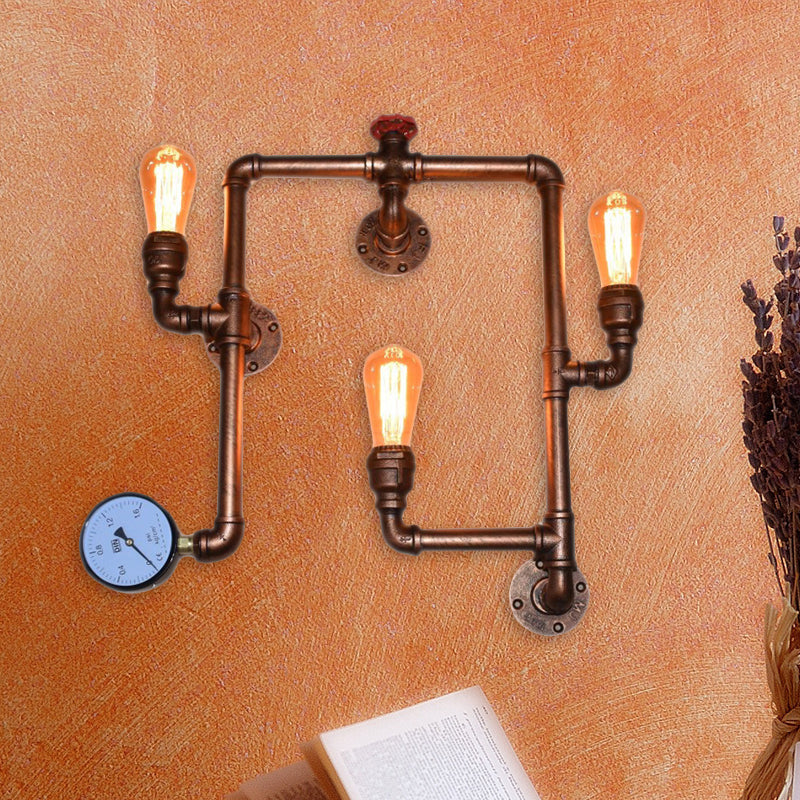 Industrial Copper Finish 3-Head Iron Sconce Light - Twisted Living Room Wall Mount Pipe Lamp With