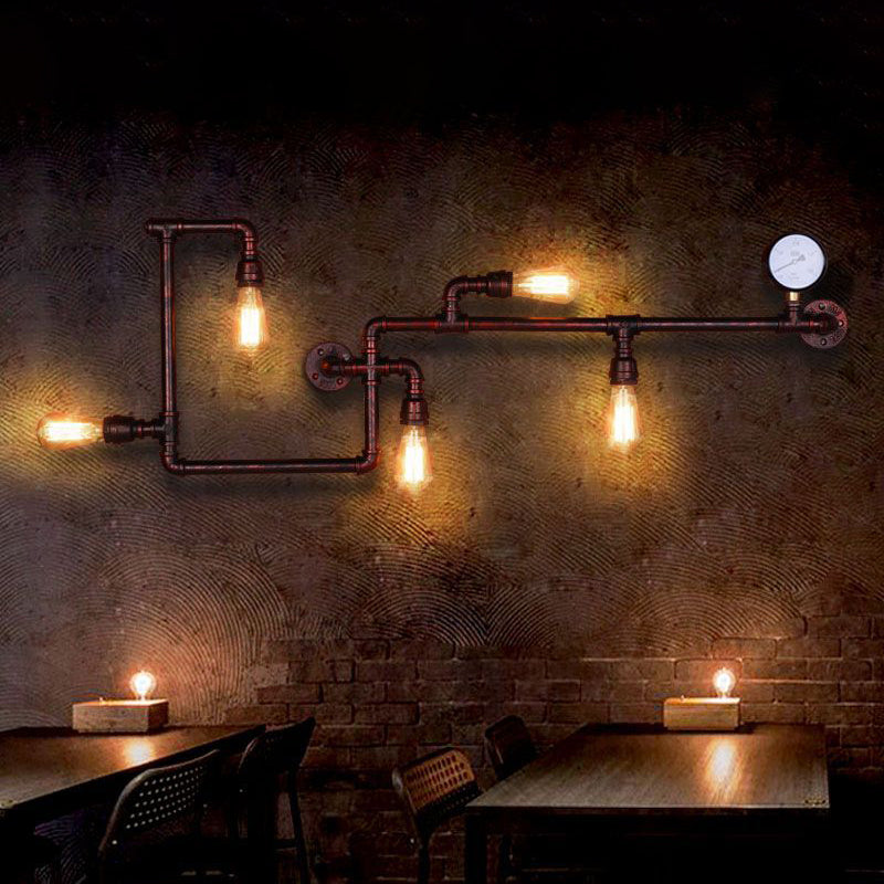 Vintage Industrial Maze Pipe Restaurant Sconce - 5-Bulb Copper Wall Mount Lighting With Gauge Deco