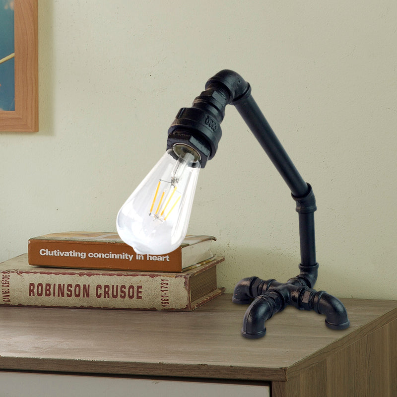 Vintage Metal Bare Bulb Desk Light With Cross Pipe Base - Rust/Black Bedroom Table Lamp Black