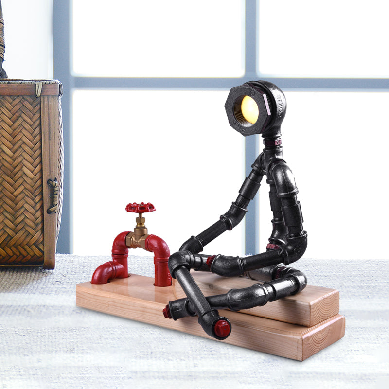 Iron Cross Legged Table Lamp With Industrial Led Valve Deco And Wood Base - Black Finish Perfect For