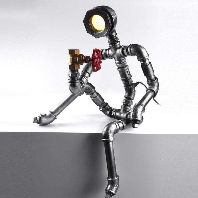 Industrial Thinking Robot Led Table Light In Silver With Red Valve - Plug-In Night Lamp