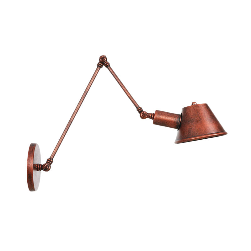 Rustic Iron Finish Swing Arm Wall Sconce With Bell Shade - Farmhouse Style 1-Light Mount Fixture