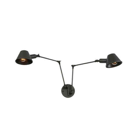 Antiqued Black Iron Swing Arm Sconce With Bell Shade - 2/3 Lights Bedroom Wall Lamp