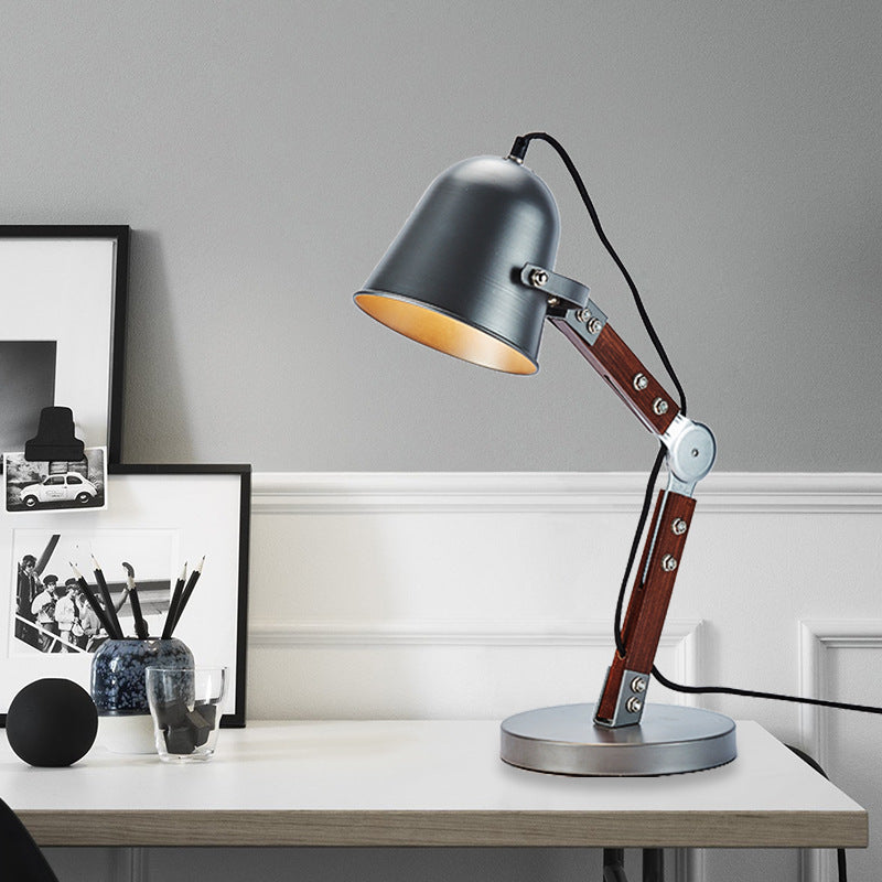 Swing Wood Arm Industrial Bell Table Light - Metallic Plug In Desk Lamp (Black 1 Bulb) Black