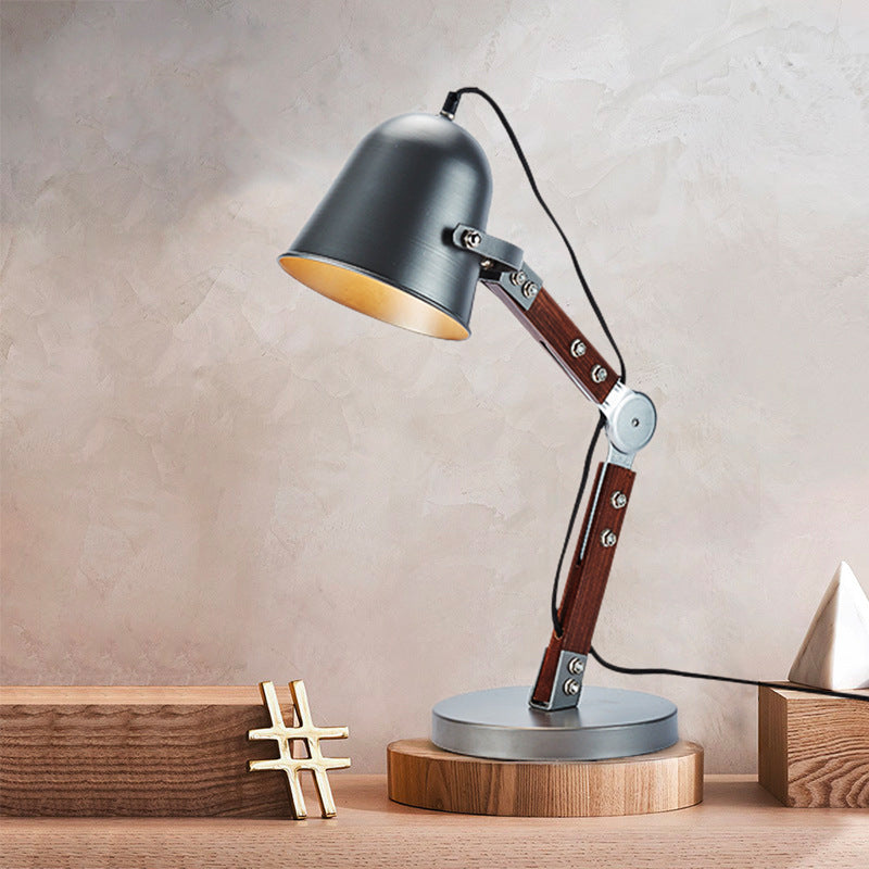 Swing Wood Arm Industrial Bell Table Light - Metallic Plug In Desk Lamp (Black 1 Bulb)