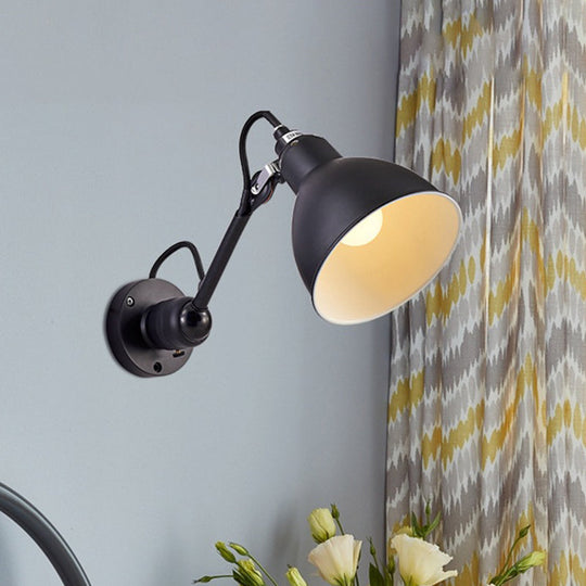 Antiqued Domed Wall Sconce 1-Light Metal Arm Lamp - Adjustable & Black Ideal For Corridors