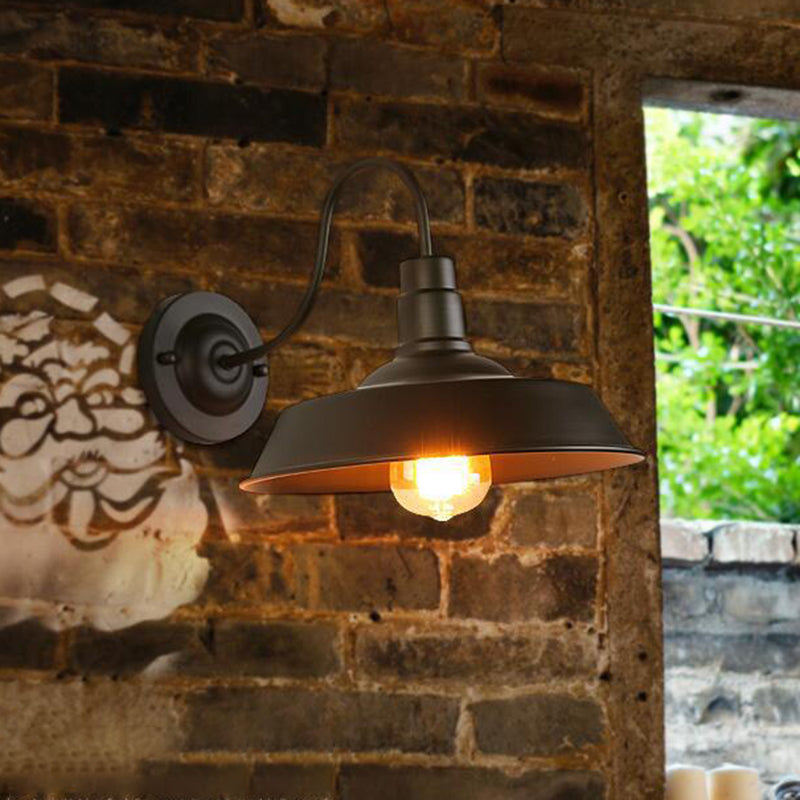 Rustic Black Iron Wall Sconce With Gooseneck Arm - Barn Bedside Light Rust