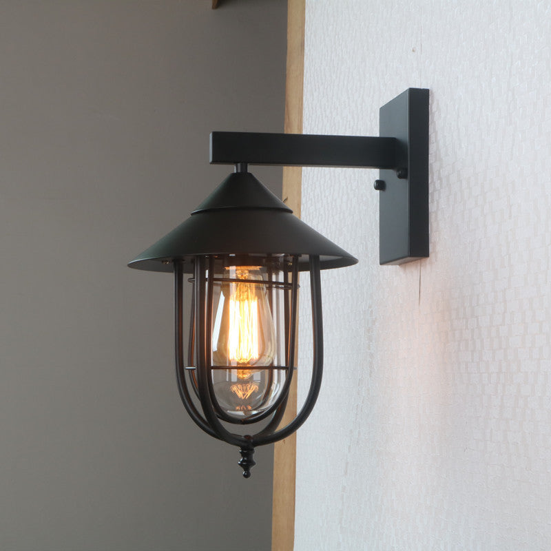 Vintage Metal Wall Mounted Sconce With Clear Glass Shade - Wire Cage Outdoor Lamp Black Finish